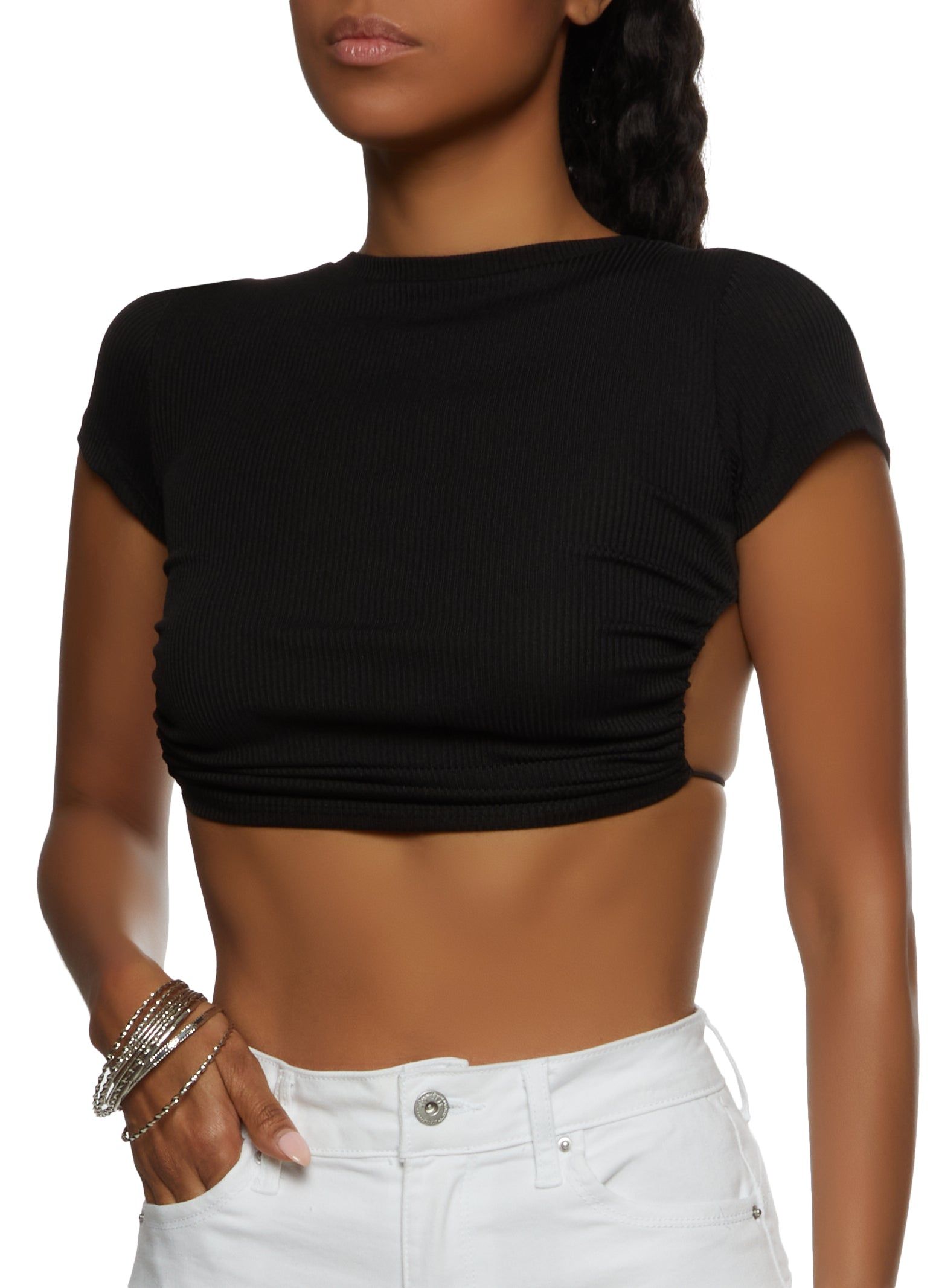Rib Knit Open Back Crop Top sold by Rainbow