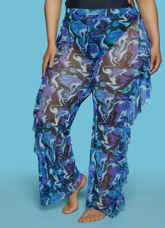 Plus Size Mesh Printed Ruffled Cover Up Pants sold by Rainbow