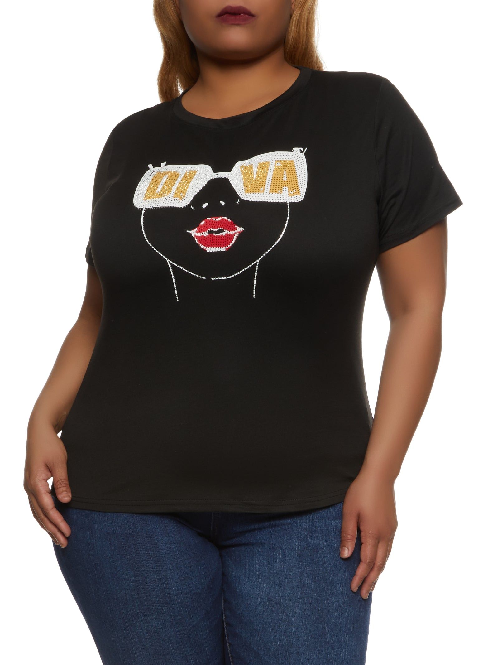 Plus Size Rhinestone Diva Graphic Tee sold by Rainbow