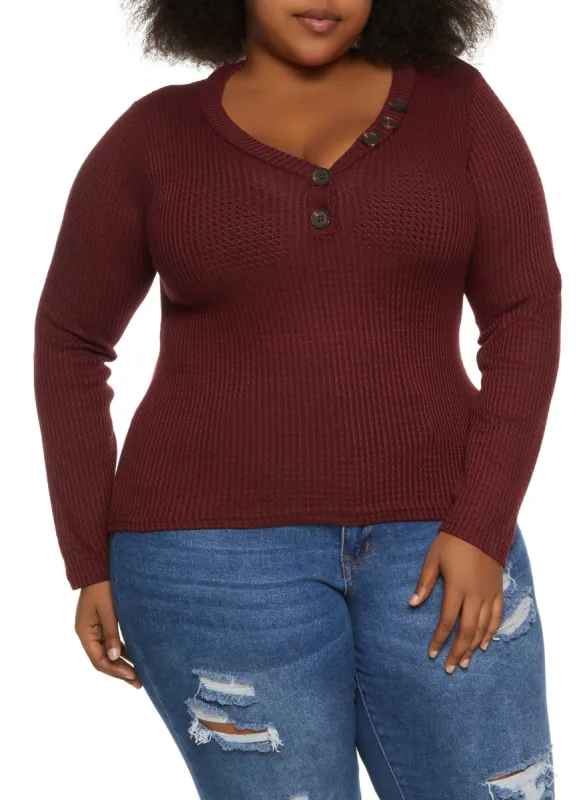 Plus Size Waffle Knit Faux Button Detail Sweater sold by Rainbow