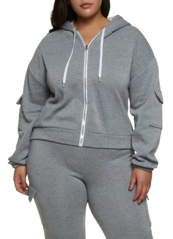 Plus Size Cargo Pocket Sleeve Zip Front Hoodie sold by Rainbow