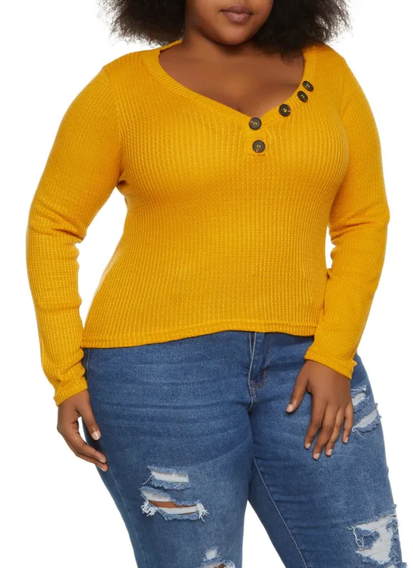 Plus Size Waffle Knit Faux Button Detail Sweater sold by Rainbow