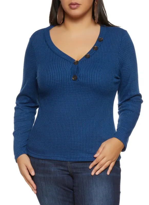 Plus Size Waffle Knit Faux Button Detail Sweater sold by Rainbow