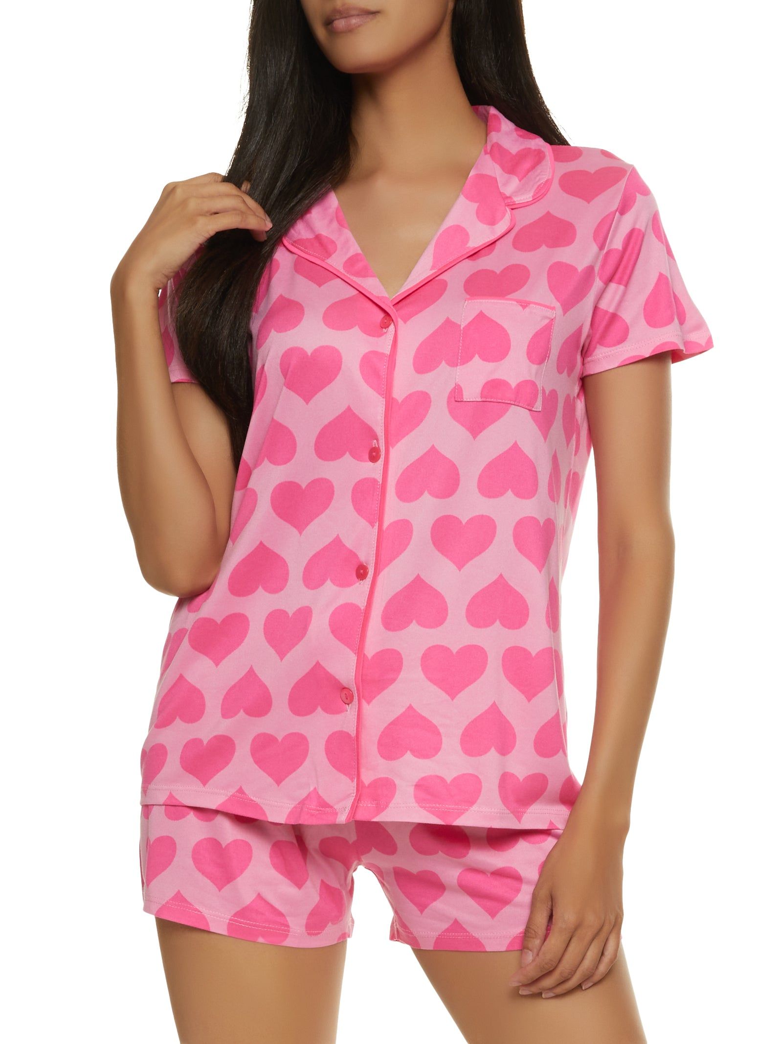 Heart Patterned Notch Collar Pajama Shirt and Shorts Set sold by Rainbow