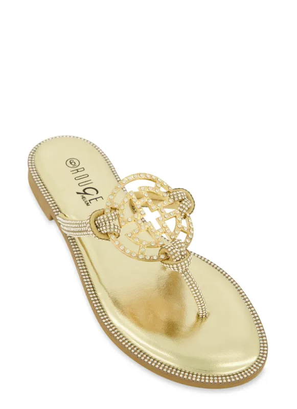 Rhinestone Geo Pendant Thong Sandals sold by Rainbow