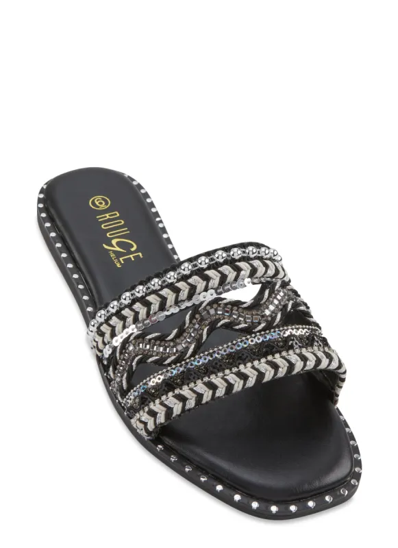 Studded Embroidered Sequin Cut Out Band Slide Sandals sold by Rainbow