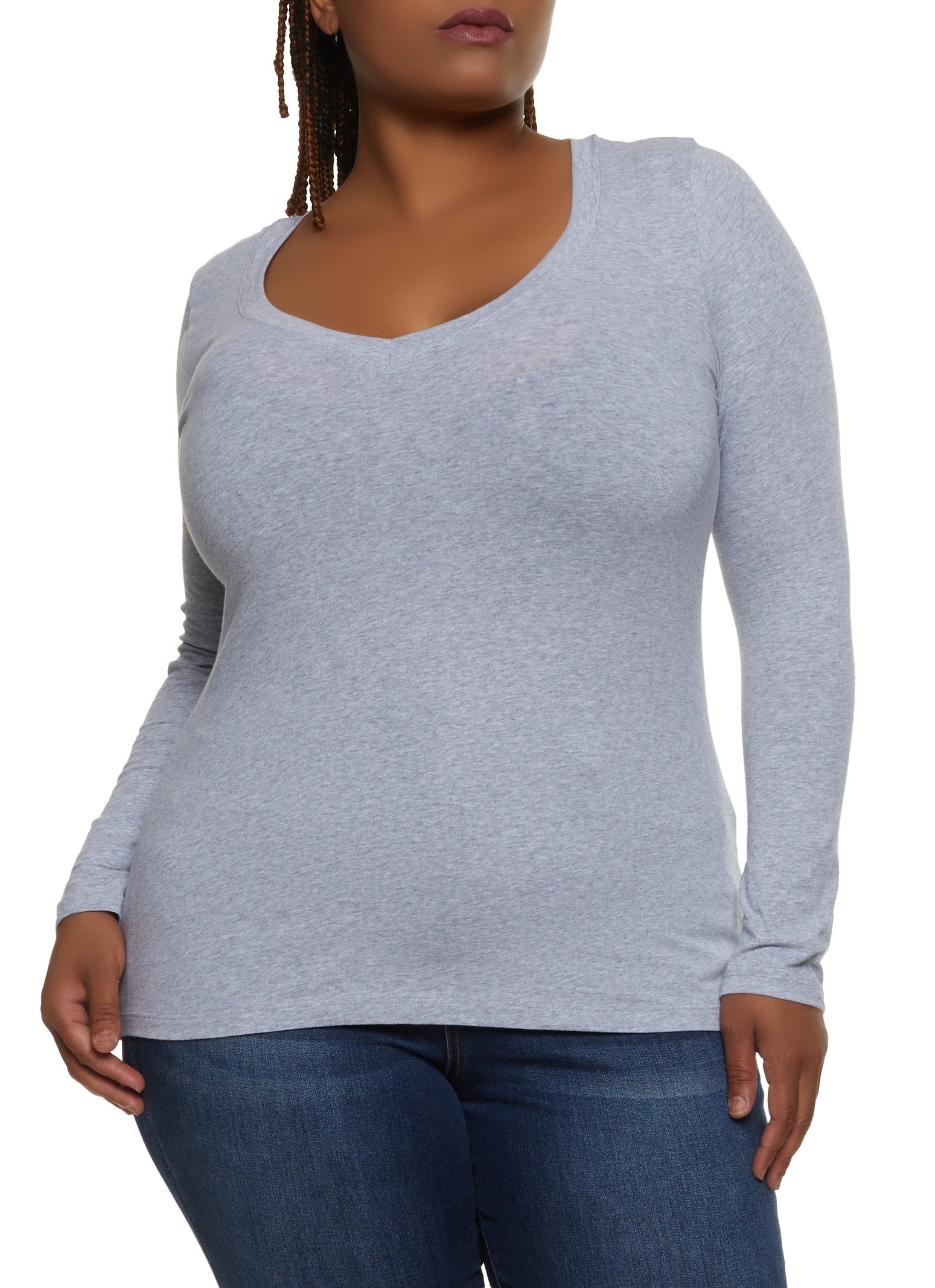 Plus Size Basic V Neck Long Sleeve Tee sold by Rainbow