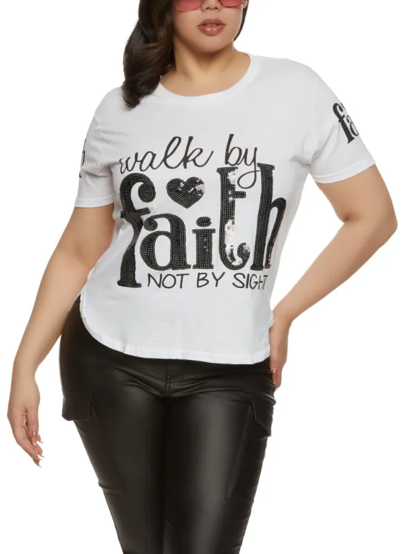 Plus Size Walk By Faith Sequin Graphic Tee sold by Rainbow