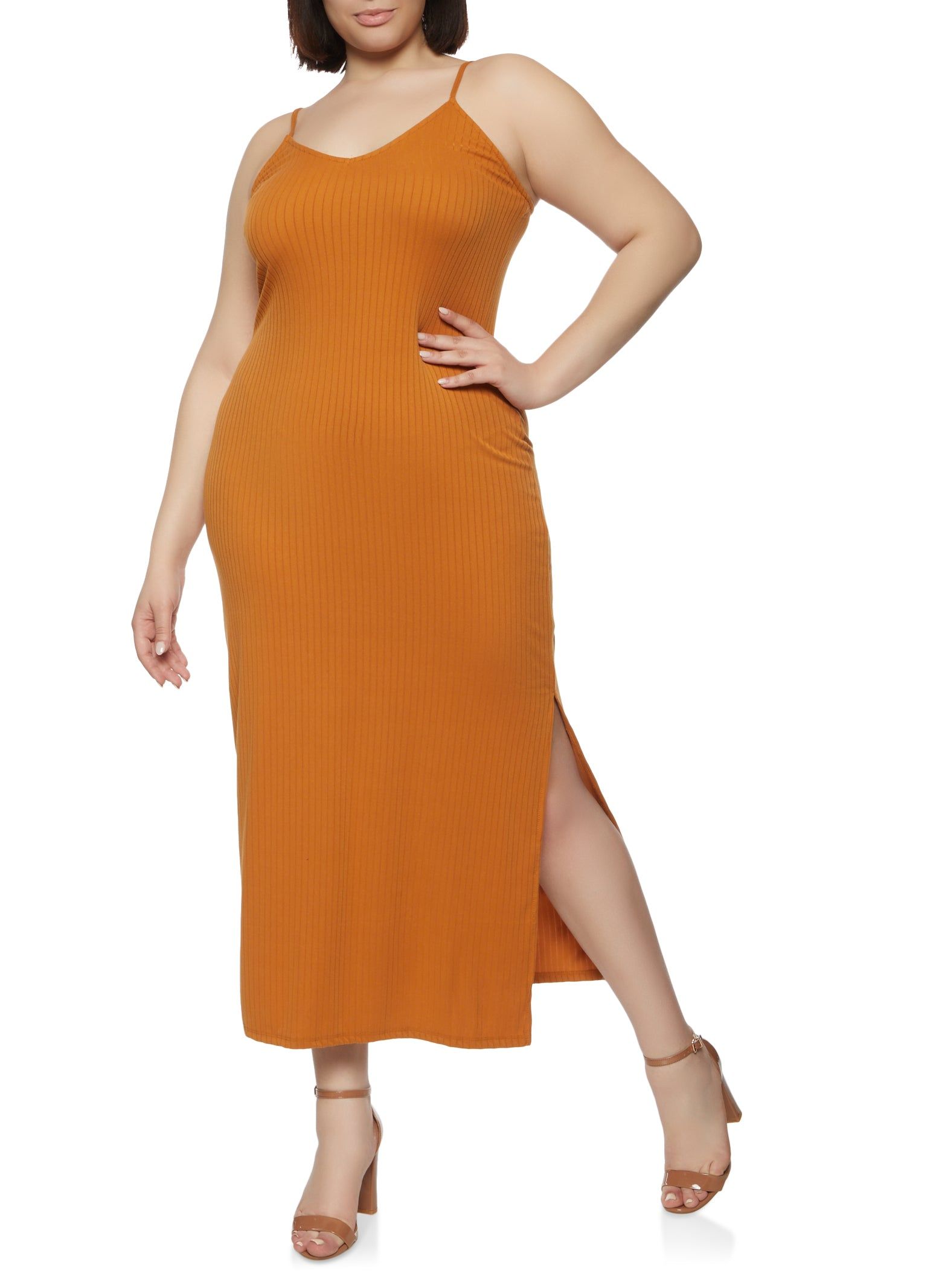 Plus Size Ribbed Knit Solid Side Slit Dress sold by Rainbow