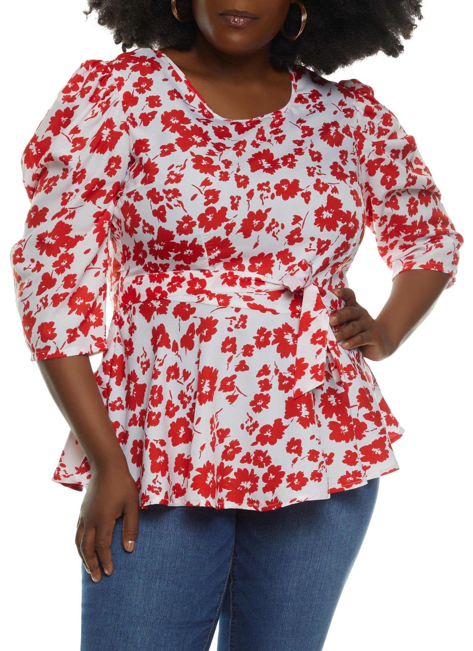 Plus Size Puff Sleeve Floral Print Peplum Top sold by Rainbow