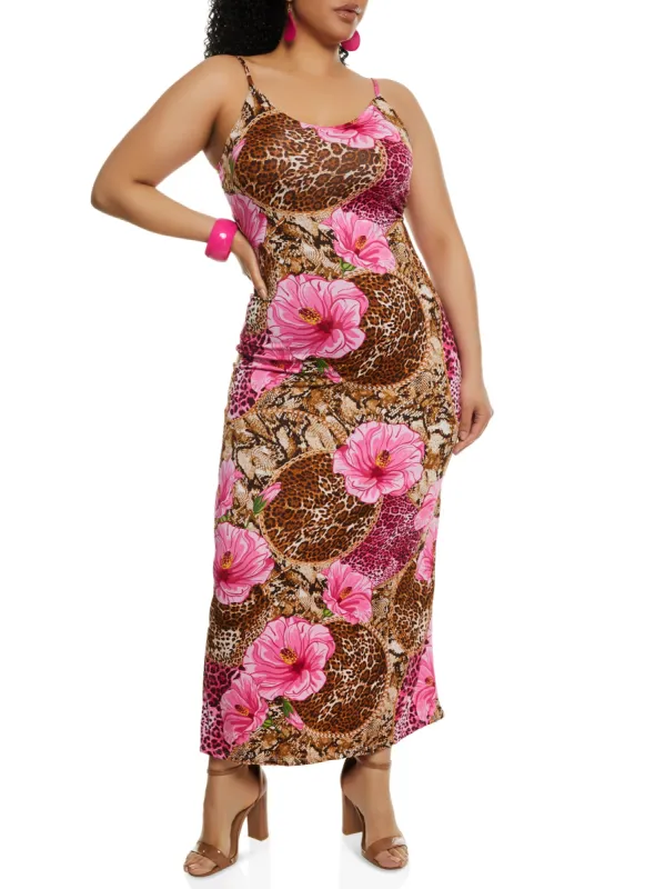 Plus Size Floral Animal Print Cami Maxi Dress sold by Rainbow