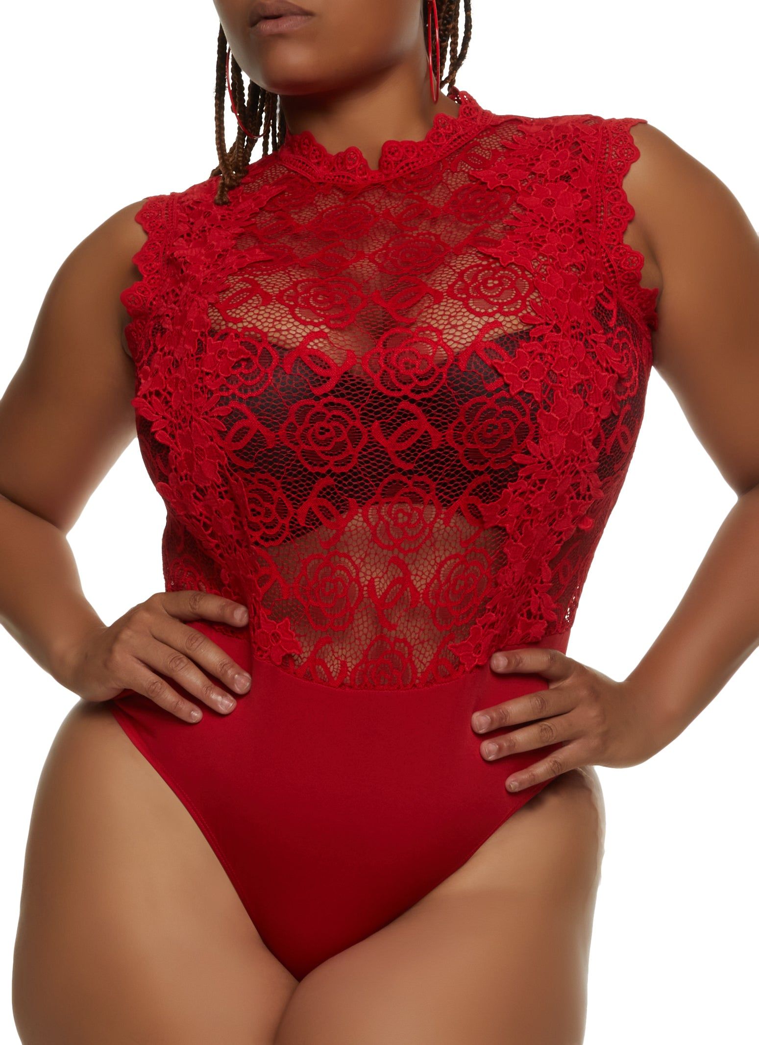 Plus Size Floral Lace Mock Neck Bodysuit sold by Rainbow