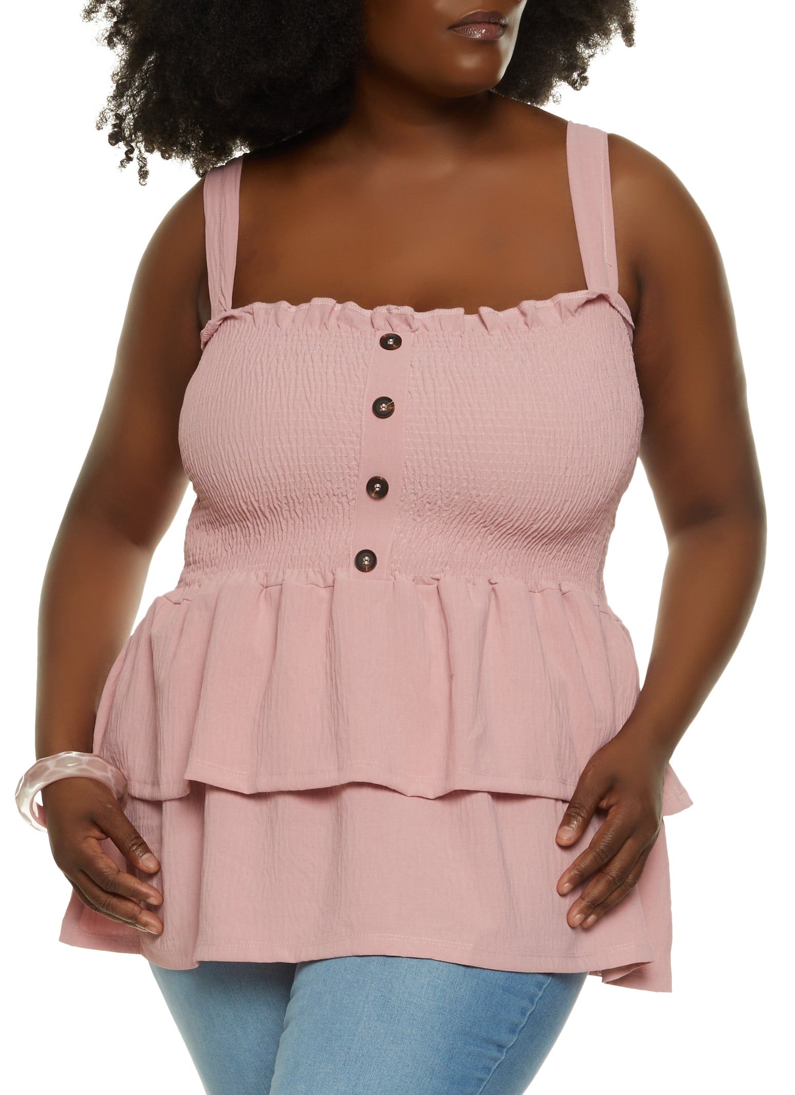 Plus Size Smocked Button Front Tank Top sold by Rainbow