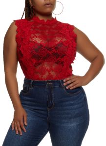 Plus Size Floral Lace Mock Neck Bodysuit sold by Rainbow
