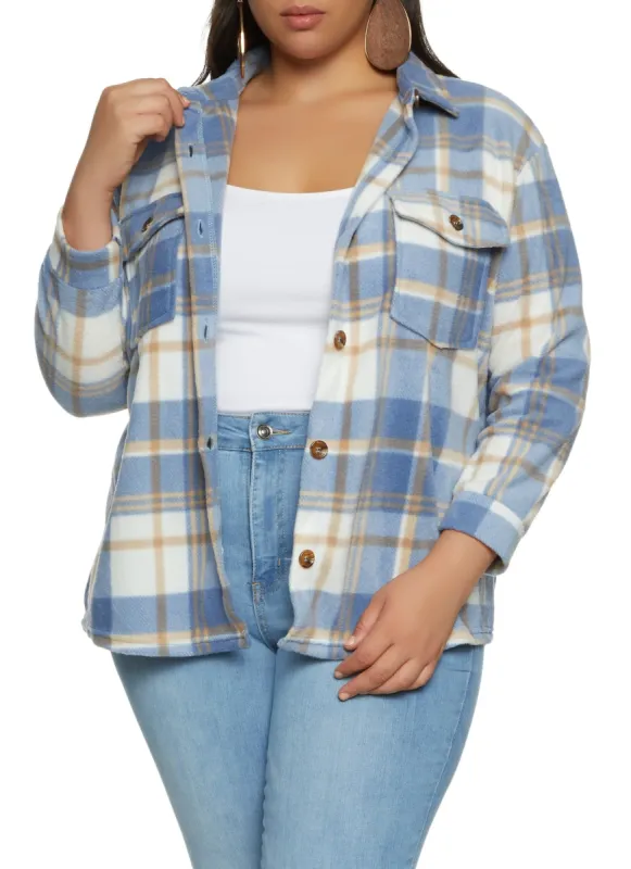 Plus Size Fleece Plaid Button Down Shacket sold by Rainbow