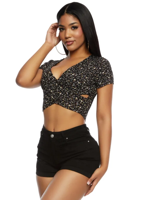 Ribbed Floral Print Twist Front Crop Top sold by Rainbow