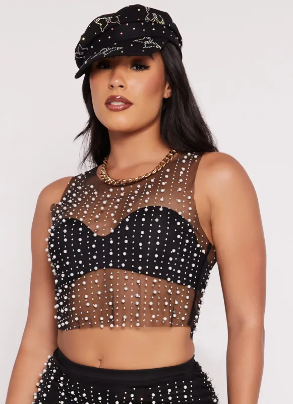 Mesh Faux Pearl Cropped Tank Top sold by Rainbow