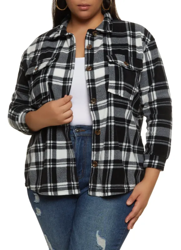 Plus Size Fleece Plaid Button Down Shacket sold by Rainbow