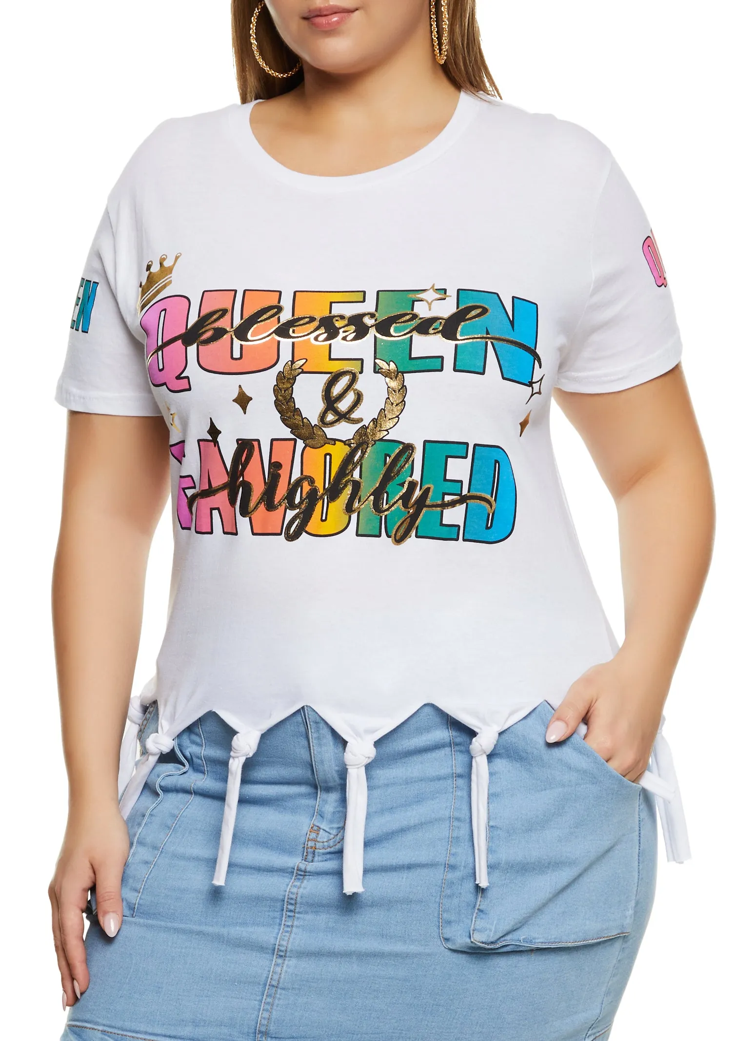 Plus Size Knotted Fringe Favored Glitter Graphic Tee sold by Rainbow product image thumbnail 2