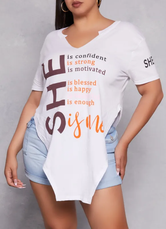 Plus Size She Is Hanky Hem Graphic Top sold by Rainbow