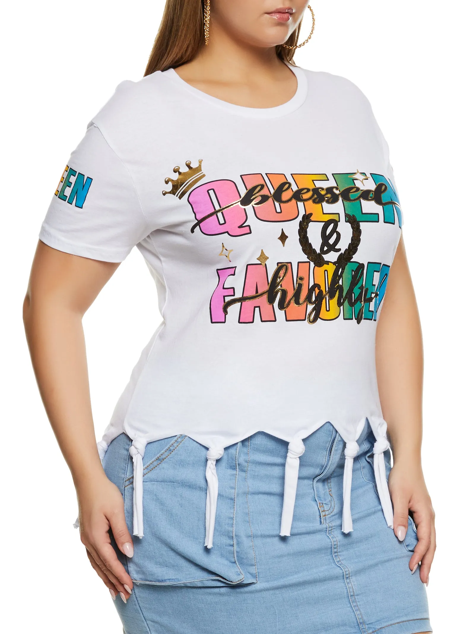 Plus Size Knotted Fringe Favored Glitter Graphic Tee sold by Rainbow