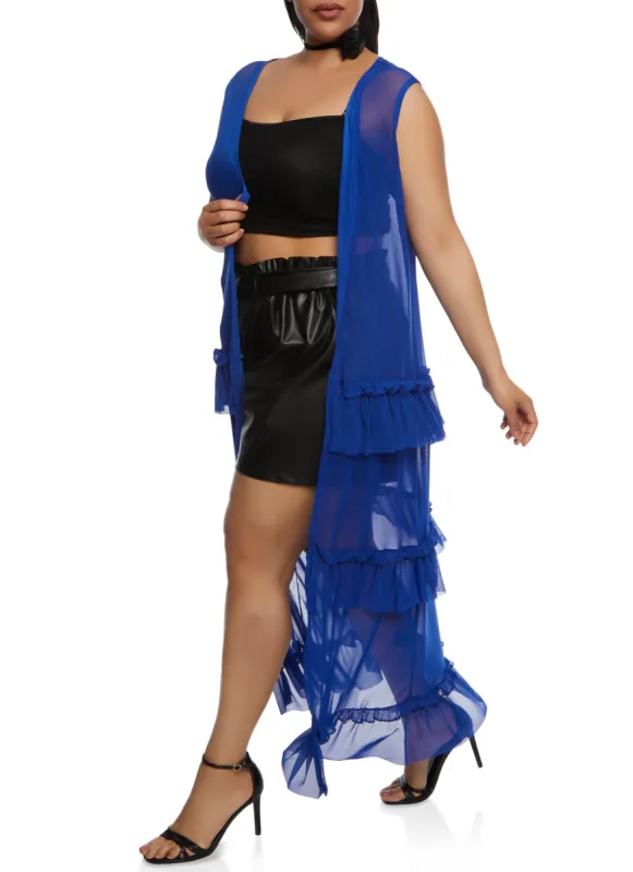 Plus Size Mesh Sleeveless Ruffle Detail Duster sold by Rainbow