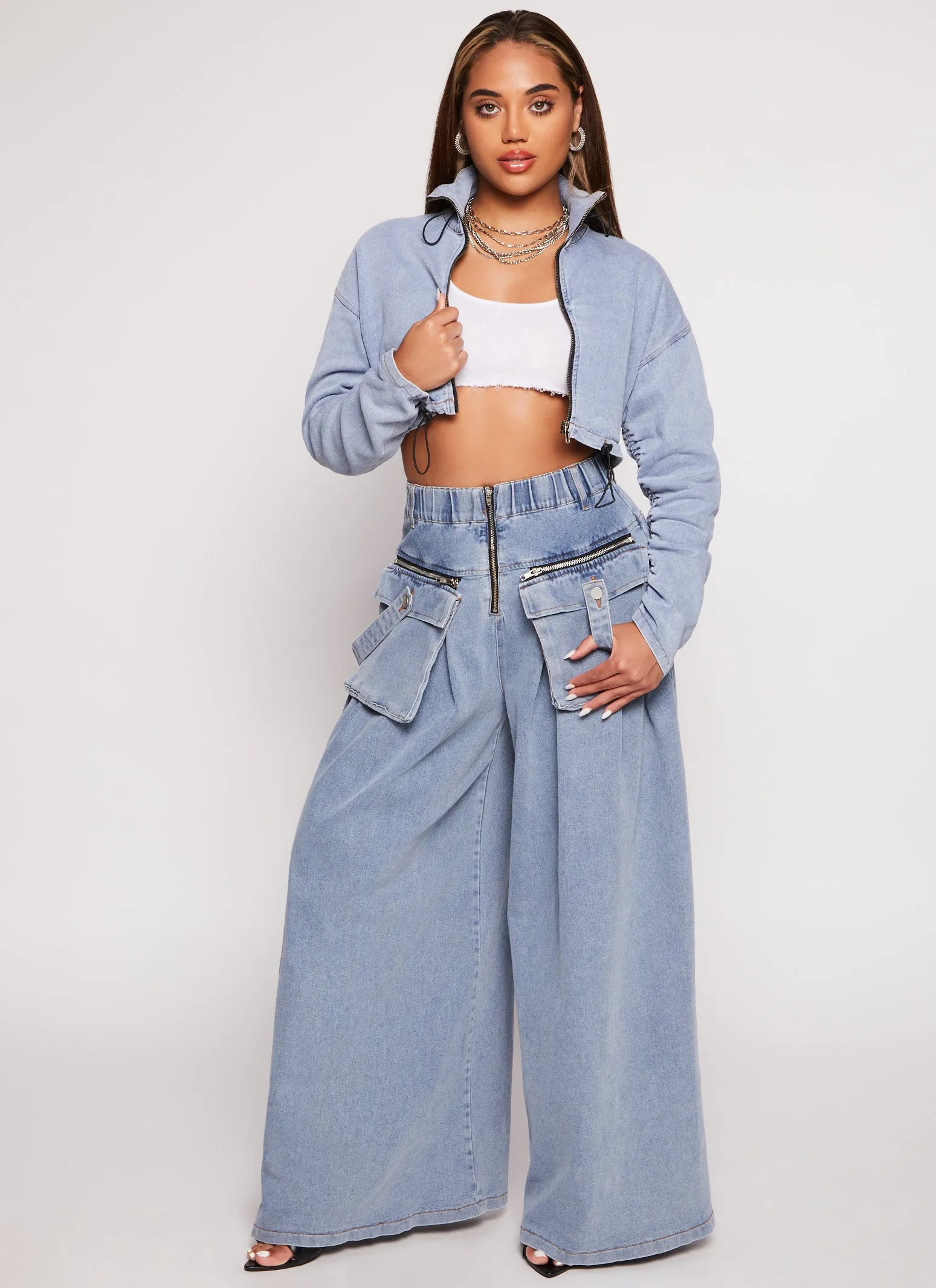 Wide Leg Pleated Cargo Pocket Jeans sold by Rainbow