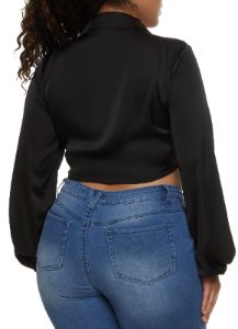 Plus Size Balloon Sleeve Tie Front Crop Top sold by Rainbow