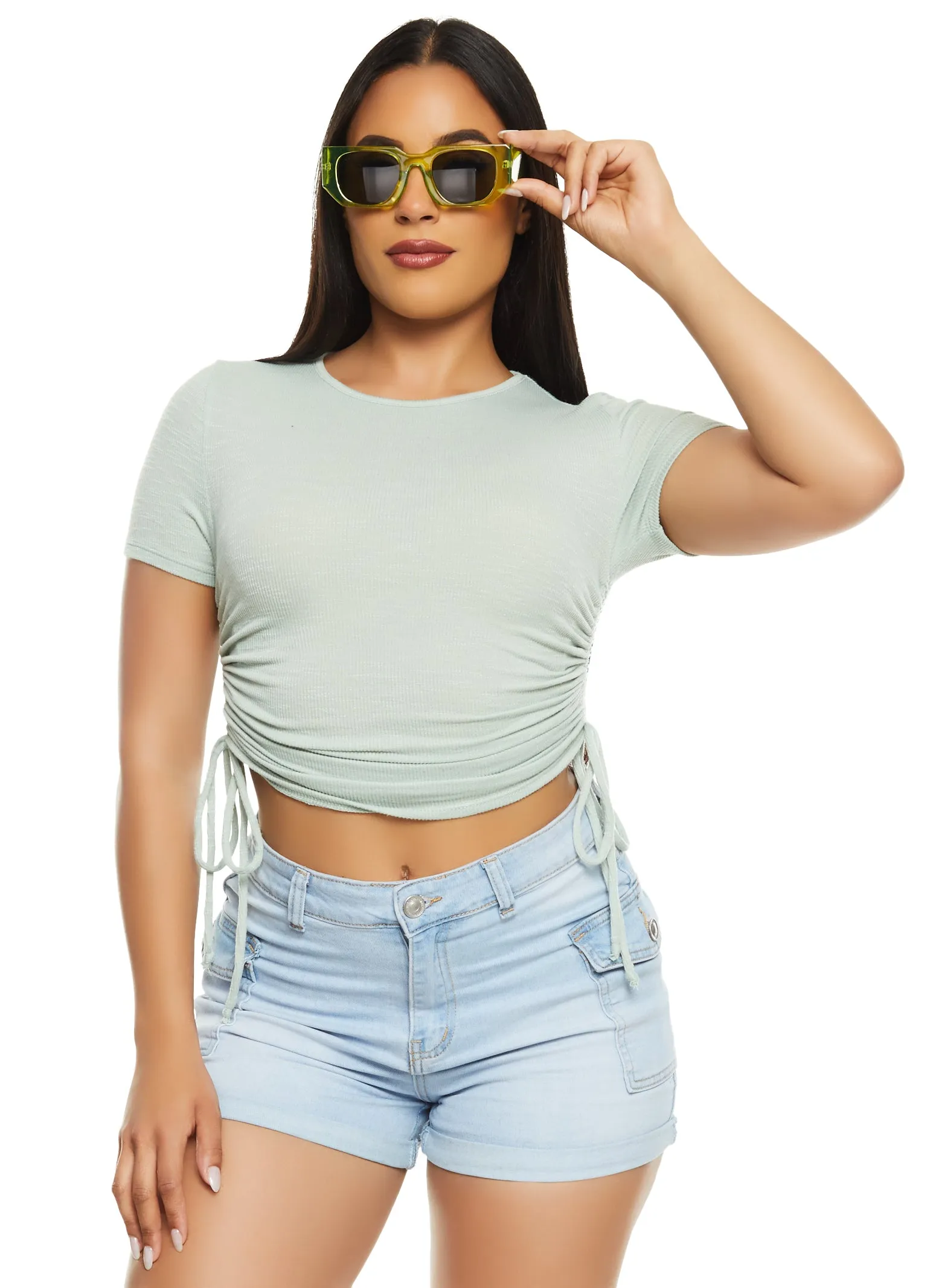 Ribbed Crew Neck Ruched Side T Shirt sold by Rainbow