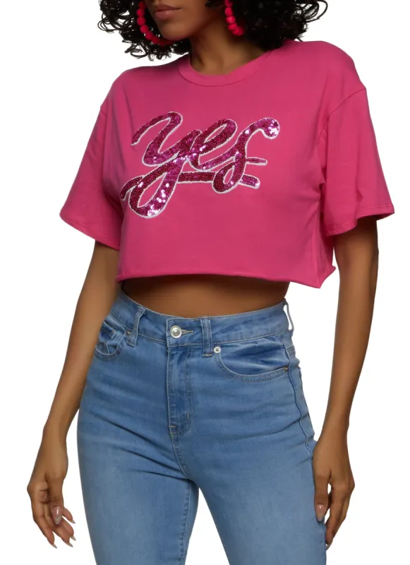 Yes Sequin Graphic Cropped Tee sold by Rainbow