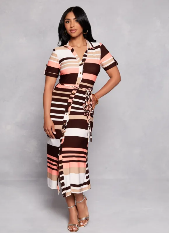 Short Sleeve Striped Midi Shirt Dress sold by Rainbow