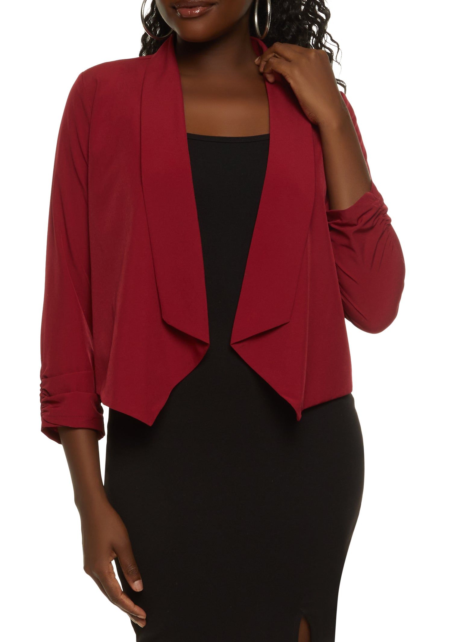 Solid Crepe Knit Ruched Sleeve Blazer sold by Rainbow