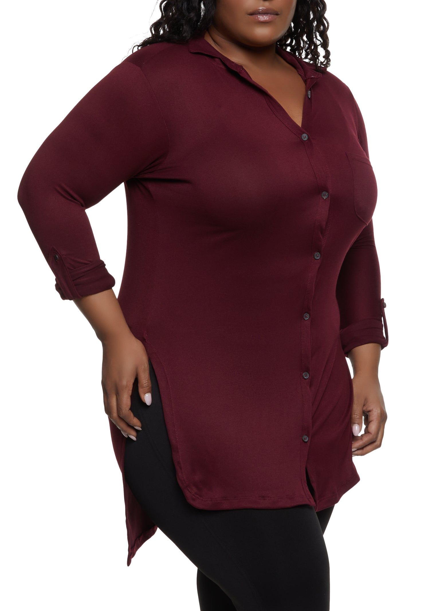 Plus Size Side Slit Button Front High Low Shirt sold by Rainbow