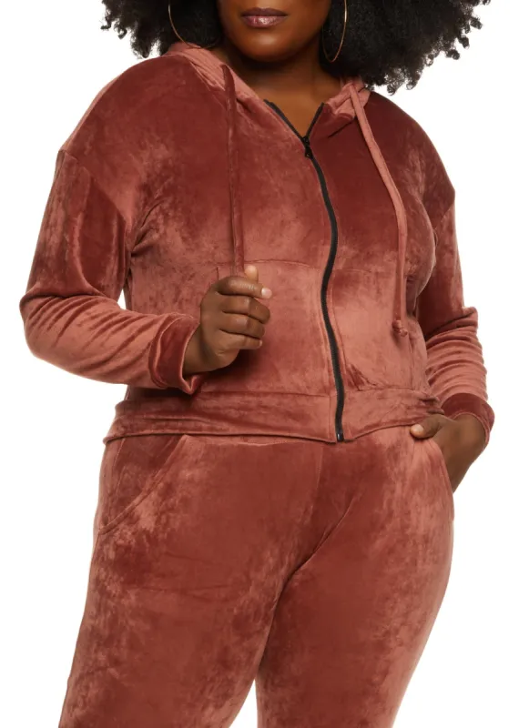 Plus Size Velour Zip Front Hooded Sweatshirt sold by Rainbow