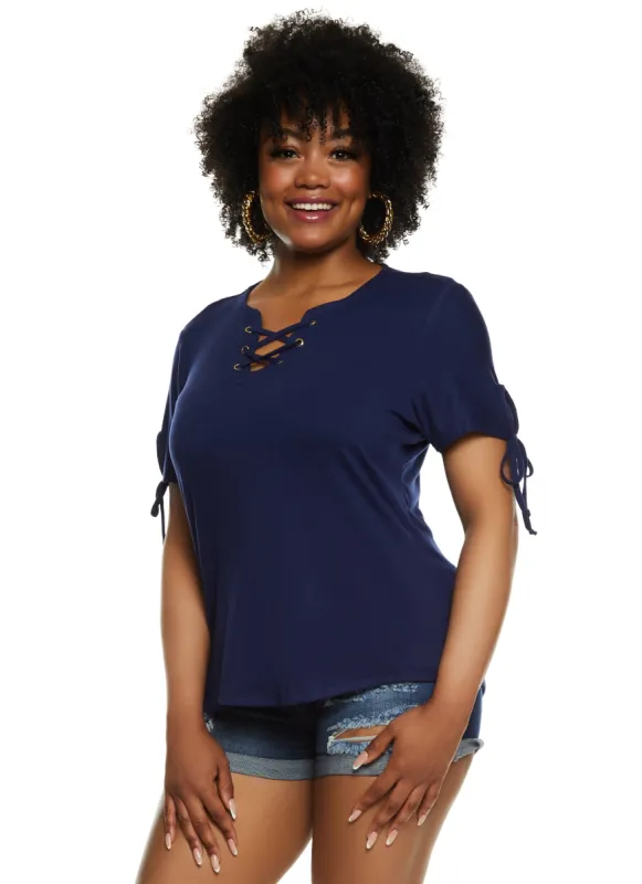Plus Size Lace Up Notch Neck Tie Sleeve Tee sold by Rainbow