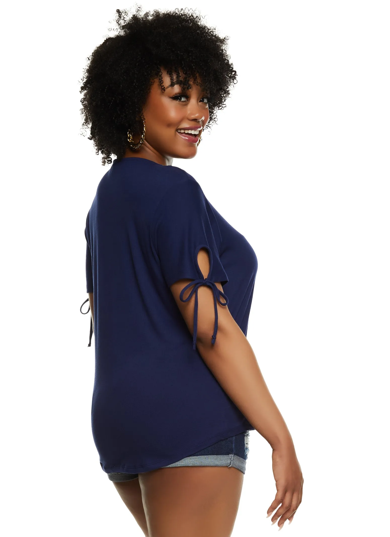 Plus Size Lace Up Notch Neck Tie Sleeve Tee sold by Rainbow product image thumbnail 2