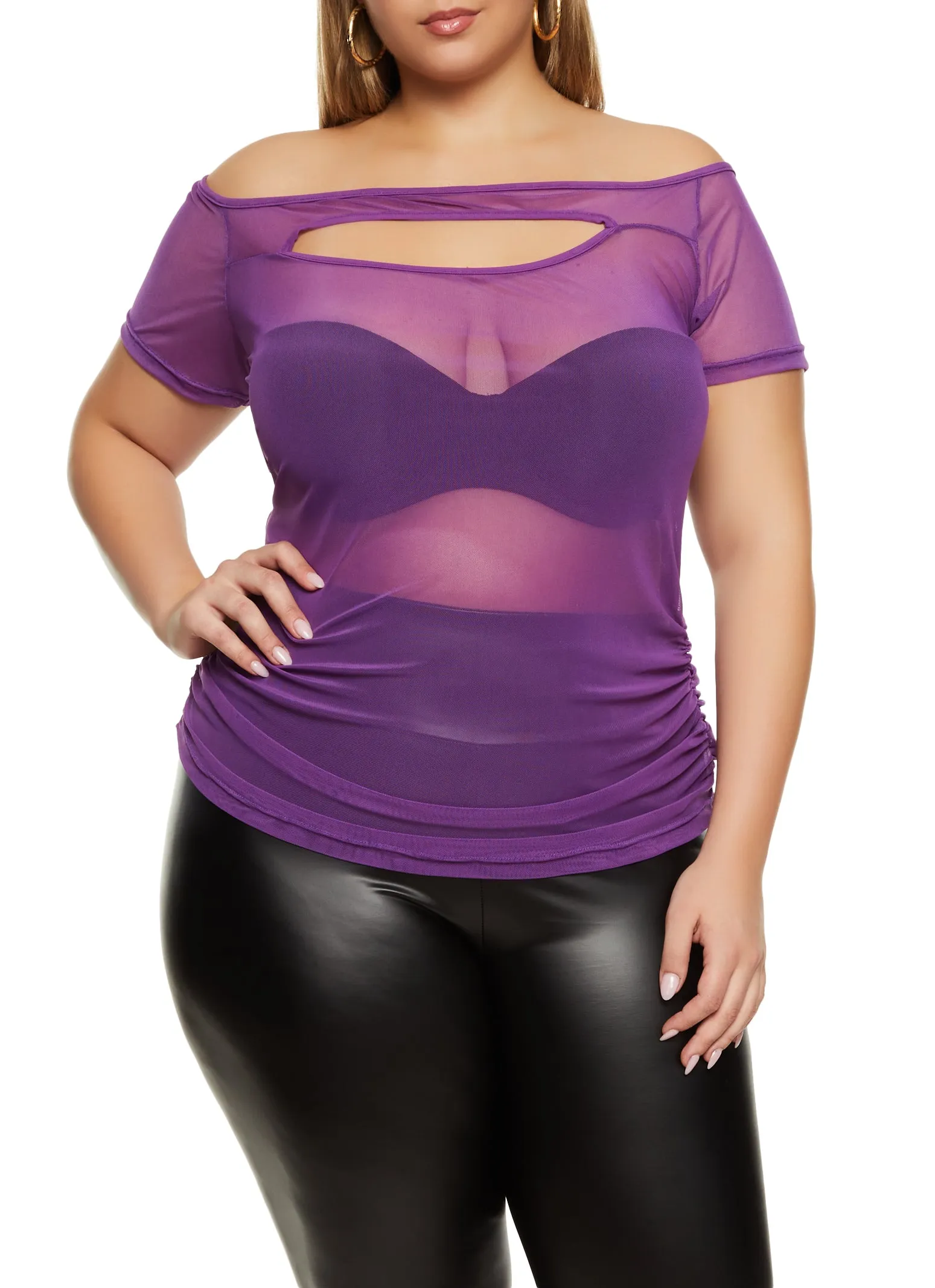 Plus Size Mesh Keyhole Off the Shoulder Top sold by Rainbow