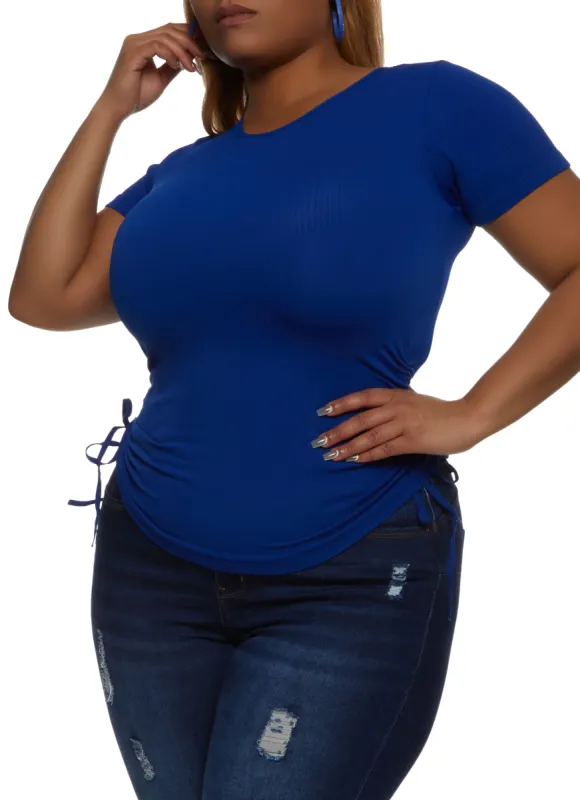 Plus Size Rib Knit Ruched Short Sleeve Top sold by Rainbow