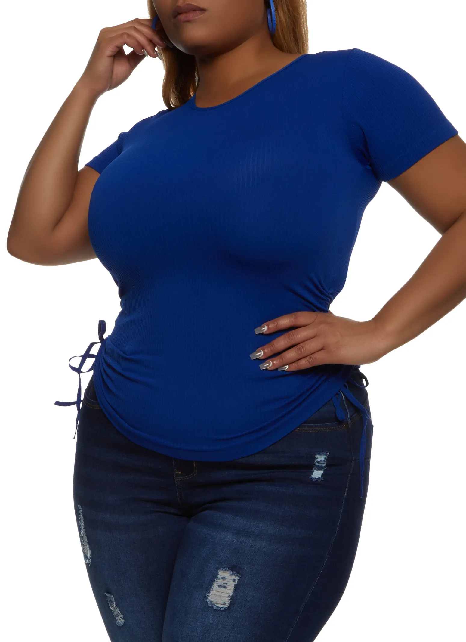 Plus Size Rib Knit Ruched Short Sleeve Top sold by Rainbow