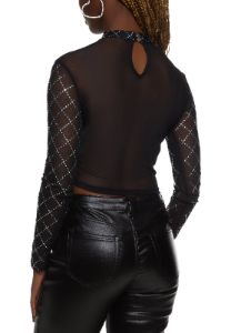 Mesh Rhinestone Studded Long Sleeve Crop Top sold by Rainbow