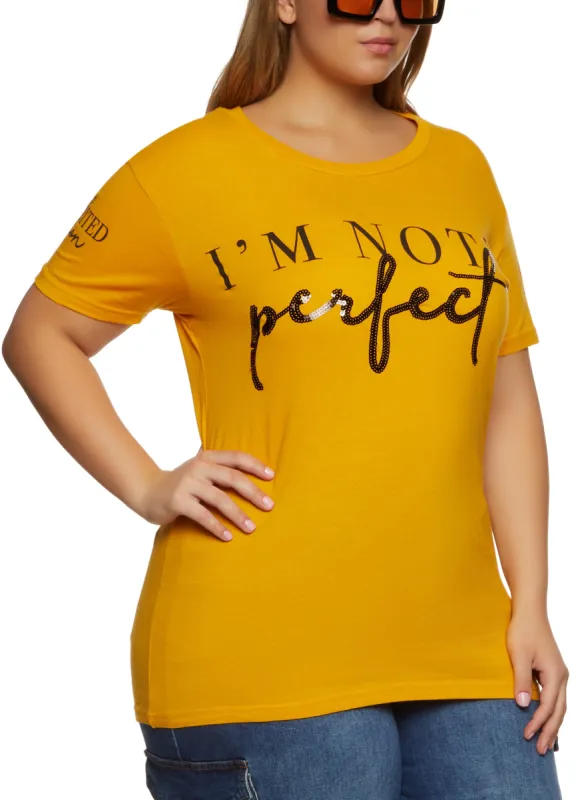 Plus Size Im Not Perfect Sequin Graphic Tee sold by Rainbow