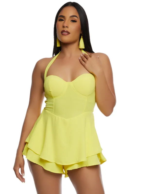 Padded Halter Neck Ruffle Romper sold by Rainbow