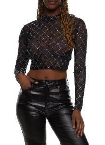 Mesh Rhinestone Studded Long Sleeve Crop Top sold by Rainbow