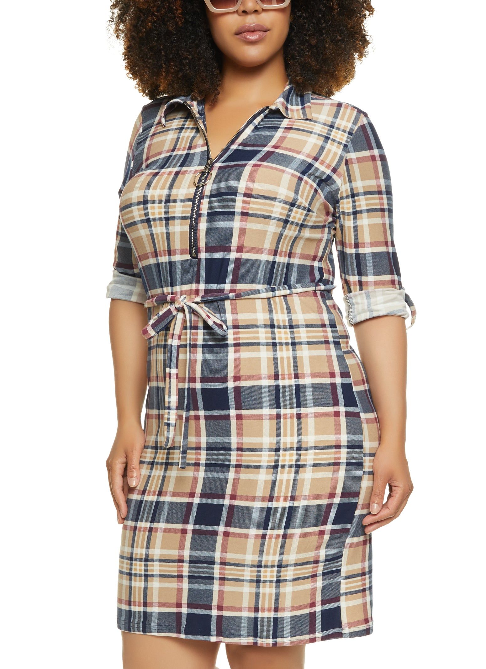 Plus Size Plaid Tie Waist Belt Shirt Dress sold by Rainbow