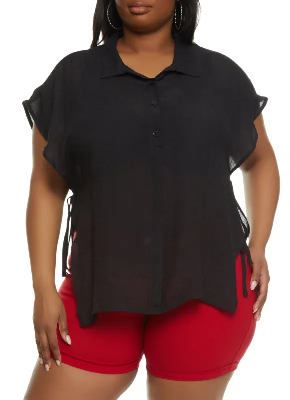 Plus Size Solid Open Side Tie Button Front Top sold by Rainbow