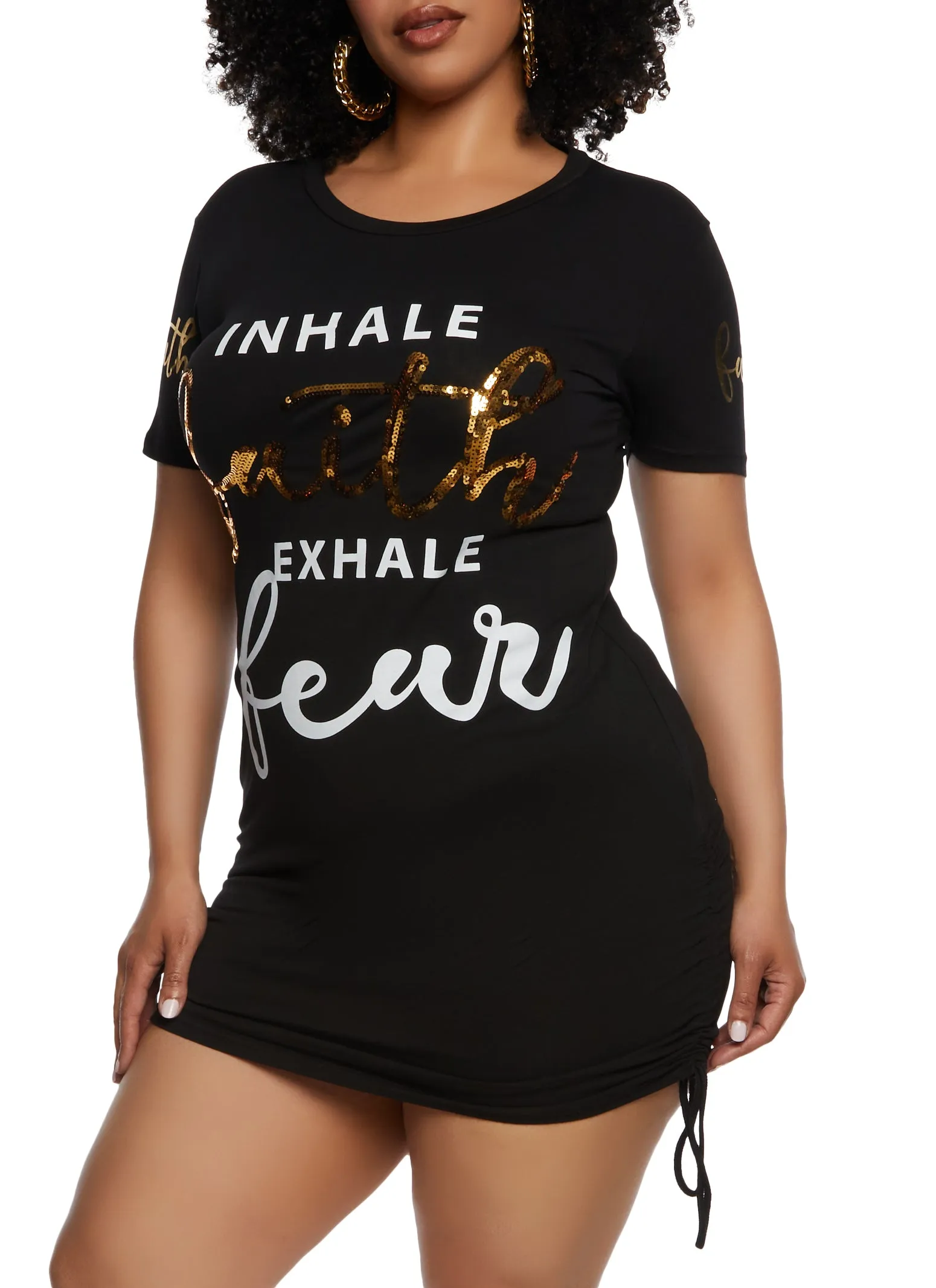 Plus Size Inhale Faith Exhale Fear Sequin Graphic T Shirt Dress sold by Rainbow