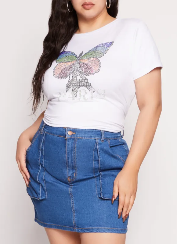 Plus Size Rhinestone Paris Eiffel Tower Butterfly Tee sold by Rainbow