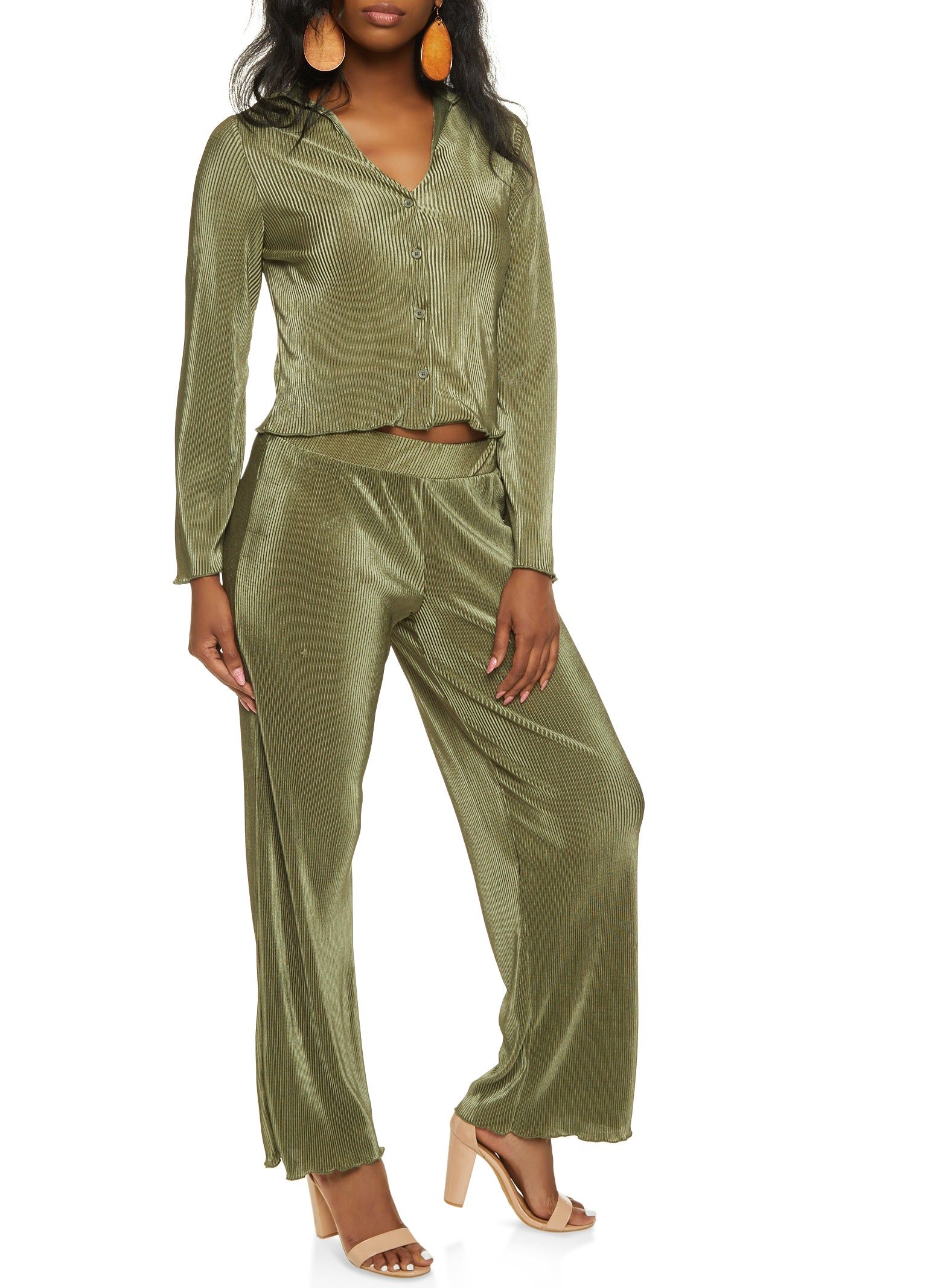 Plisse Button Front Shirt and Wide Leg Pant Set sold by Rainbow