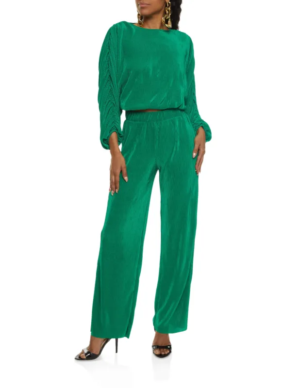 Plisse Ruched Sleeve Blouse and Wide Leg Pants sold by Rainbow