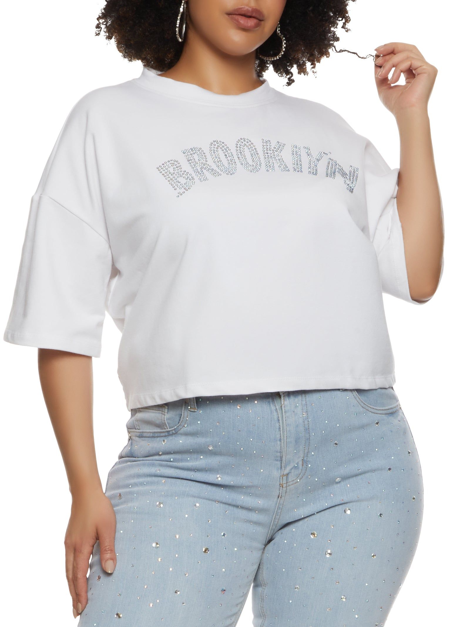 Plus Size Rhinestone Brooklyn Drop Shoulder Tee sold by Rainbow